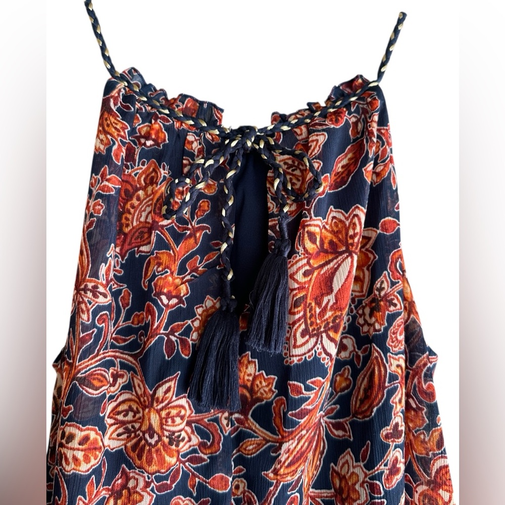 Xhileration Floral Maxi Boho Dress - Navy & Orange Floral. Tassel Ties & Slits - Picture 5 of 11